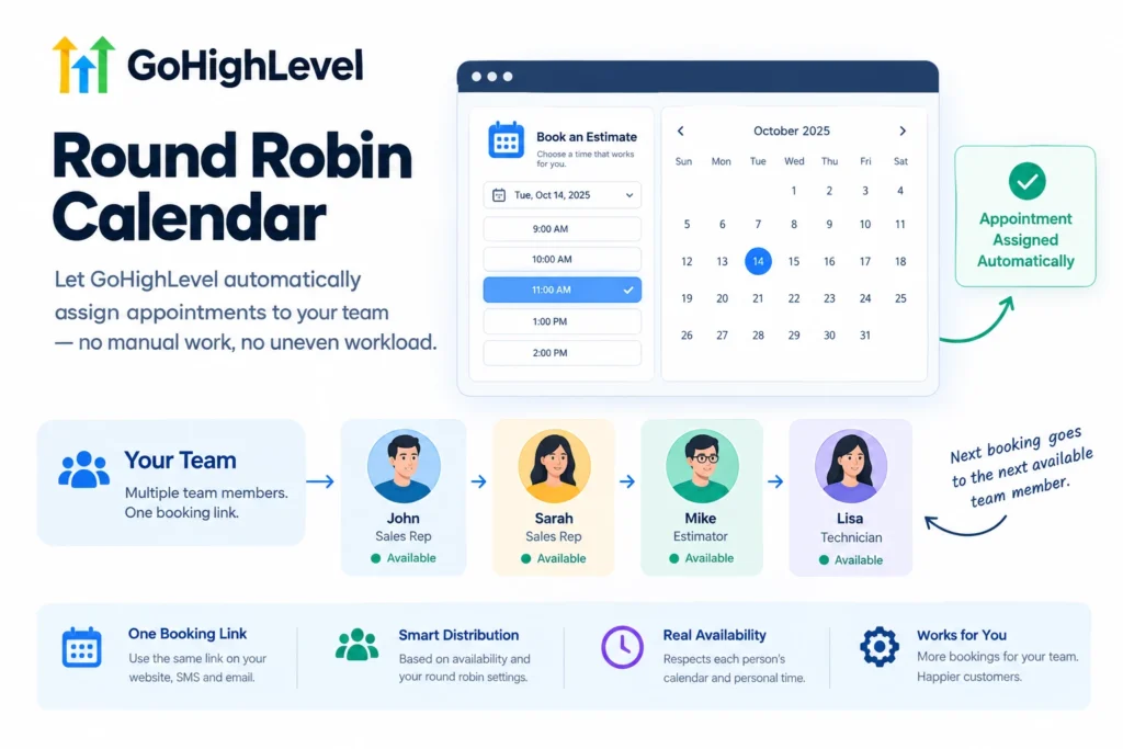 GoHighLevel calendar settings with Round Robin selected as the calendar type
