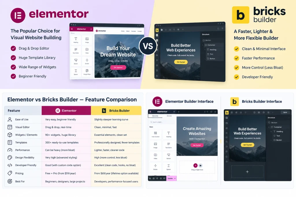 Feature comparison table of Elementor Pro and Bricks Builder